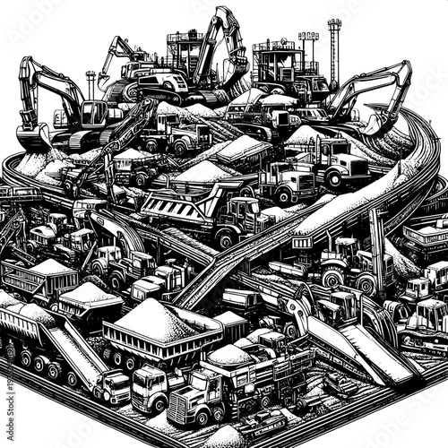 Construction site heavy machinery fleet at work industrial equipment excavators bulldozers cranes