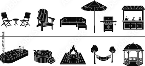 Outdoor patio furniture and backyard leisure silhouettes isolated on white background, garden seating, pool, barbecue grill, gazebo and relaxation elements vector set