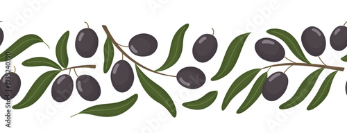 Seamless border with black olives and leaves. Horizontal pattern with cute fruits