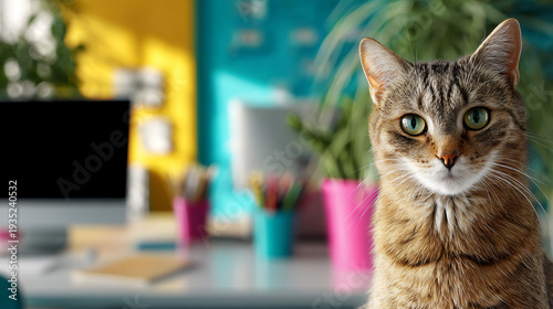Tabby cat sitting in colorful office background with copy space