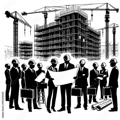 Business team reviewing construction blueprints on site with cranes and buildings