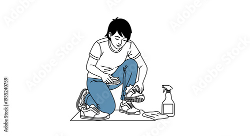 Man Cleaning Shoes with Brush and Spray.