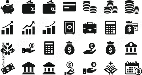 Financial icons set including money banking and investment symbols