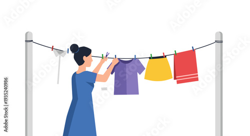 Woman Hanging Clothes on Clothesline Outside.