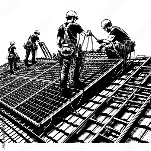 Team of workers installing solar panels on industrial roof for renewable energy project