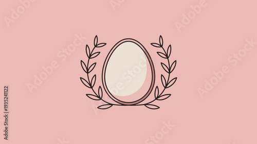 A minimalist illustration of an oval frame surrounded by leaves on a pink background