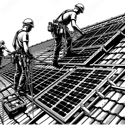Team of workers installing solar panels on industrial roof for renewable energy project