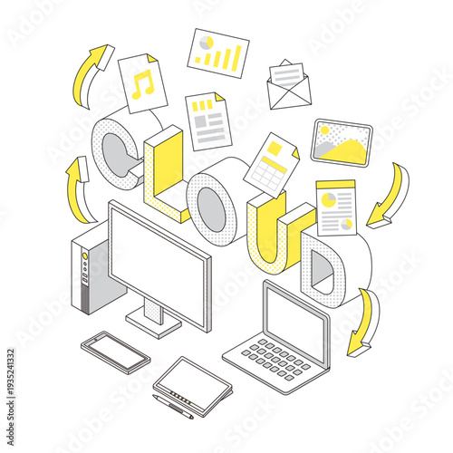 クラウドでデータ共有するイラスト