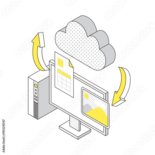 クラウドにデータを保存・共有するイラスト