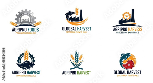 Collection of agricultural business logos with wheat and gear elements.