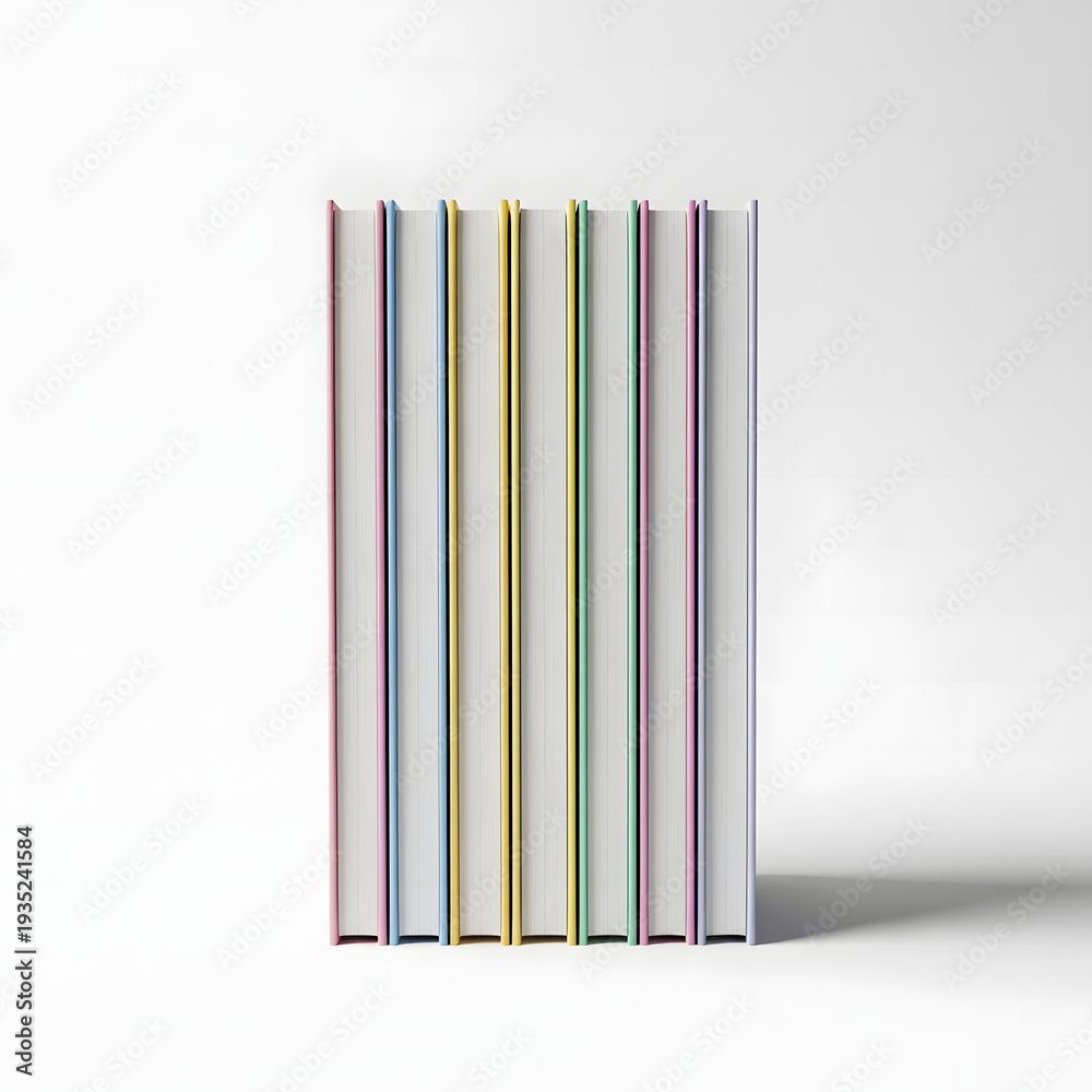 Fototapeta premium Multicolored books standing upright in a row on white surface in office setting transparent background
