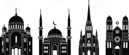 Religious Building Silhouette Collection Featuring Orthodox Church, Islamic Mosque, Catholic Cathedral, and Jewish Synagogue for Global Faith, Spirituality, Architecture, 