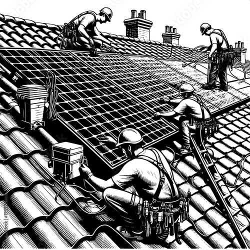 Team of workers installing solar panels on industrial roof for renewable energy project