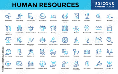 Human Resources icons set with kpi tracking, goal setting, annual review, 360 feedback, peer review, performance metrics, feedback form, time tracking icon. Simple outline color vector 
