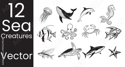 Set of sea animals in vector silhouette illustration style