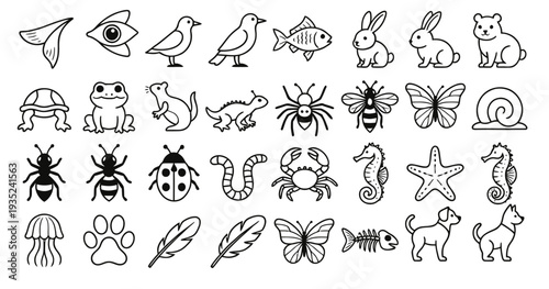 Cute Wildlife and Marine Animals Outline Icon Set