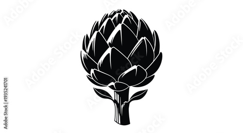 A striking black and white illustration of a single artichoke