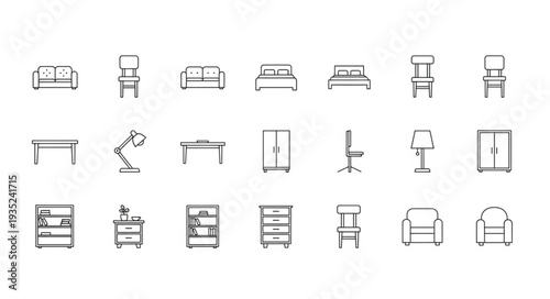 Collection of hand-drawn furniture icons for interior design.