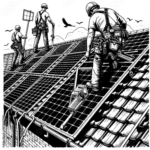 Team of workers installing solar panels on industrial roof for renewable energy project