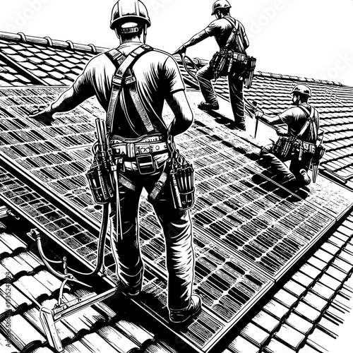 Team of workers installing solar panels on industrial roof for renewable energy project