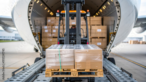 Air cargo business logistics aviation network hub pallet load freight move in warehouse