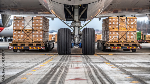 Air cargo business logistics aviation network hub under airplane wheel loading operation