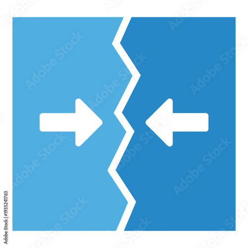 Two white arrows pointing away from each other on blue background icon