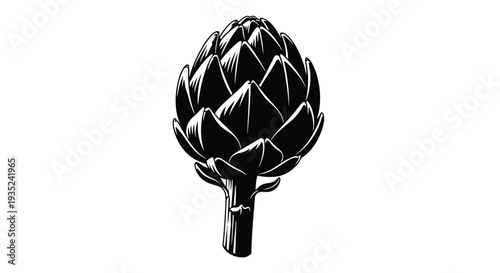 A detailed black and white illustration of a single artichoke