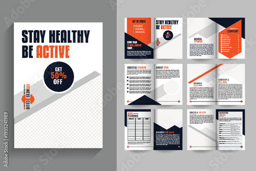 fitness gym brochure, bifold brochure design for gym business, Modern orange color 12 pages bifold brochure design for gym business