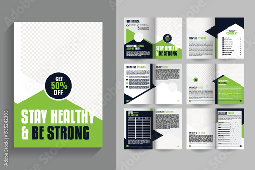 Fitness gym club modern bifold brochure, creative green color 12 pages bifold brochure design for gym business