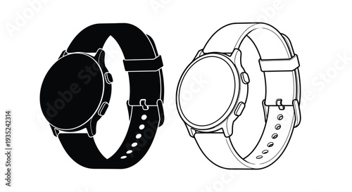 Two smartwatches displayed one black one white showing design details