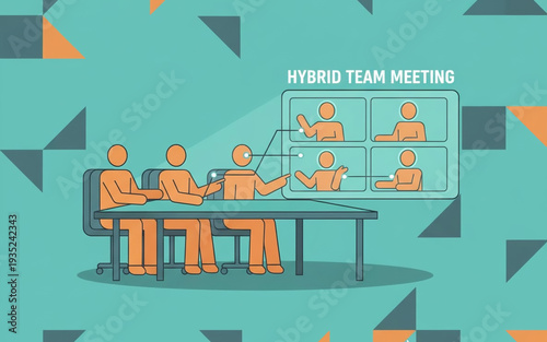Team members engaging in a hybrid meeting with remote participants displayed on a screen