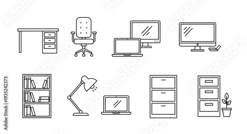 Collection of office furniture and equipment line art icons.