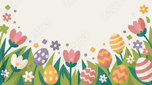 A colorful Easter scene with decorated eggs and flowers in a lush green grassy landscape