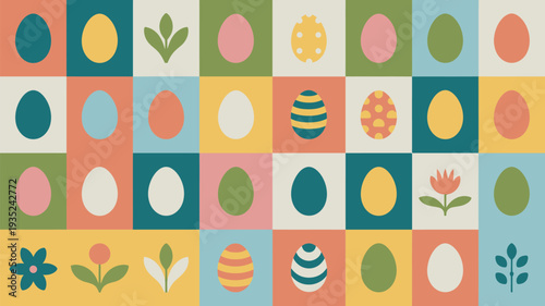 A colorful Easter-themed pattern of eggs and flowers in a grid design