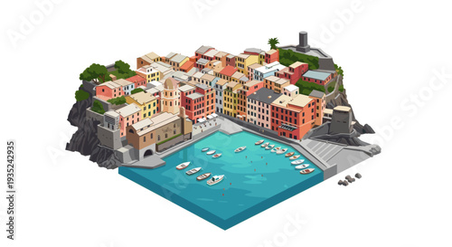 Illustrated vector of Vernazza, Italy, showcasing its colorful buildings, harbor with boats, and coastal setting, evoking travel and vacation vibes.