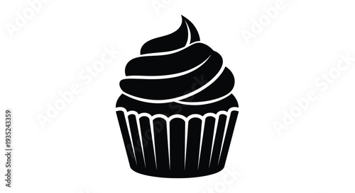 A black and white illustration of a single frosted cupcake
