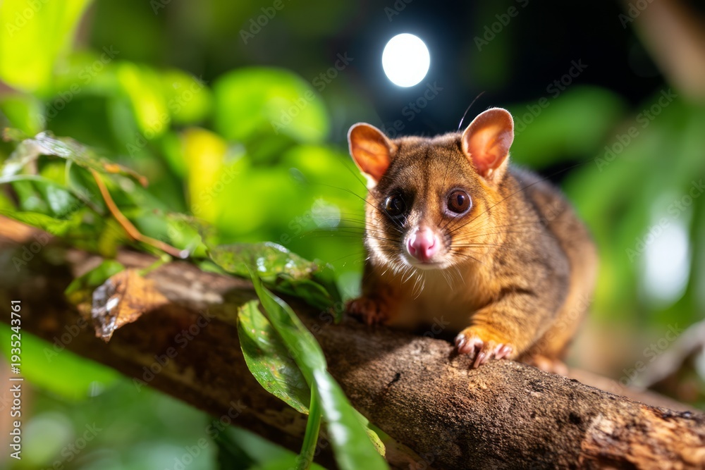 Obraz premium Serene Possum Resting on Branch Under Moonlight Amidst Lush Greenery