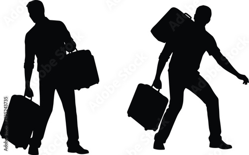 Silhouette traveler carrying luggage, man with suitcase, airport passenger walking, travel concept, journey illustration, baggage transport, tourism, business trip, vacation traveler
