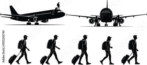 Set of black airplane silhouettes and traveler silhouettes walking with suitcases and backpacks isolated on white background for air travel and airport vector design.