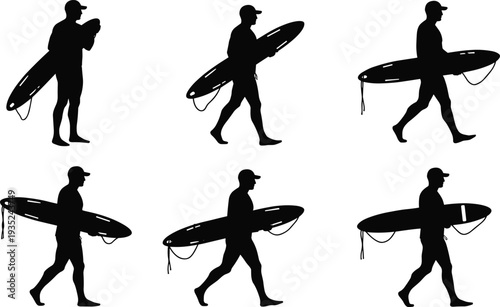 Silhouette surfer walking with surfboard, beach lifestyle, ocean waves, summer holiday, coastal adventure, surf culture, barefoot man, outdoor activity, sports illustration