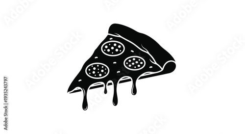 A single slice of pepperoni pizza with melting cheese depicted in black