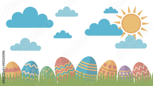 A colorful illustration of Easter eggs in a grassy field under a sunny sky with fluffy clouds