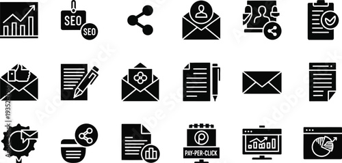 Collection of business and finance icons in black and white