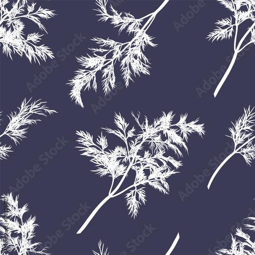 Dill plant. Monochrome botanical seamless pattern drawing of fragrant herbs and spices. Graphic ink vector. Good for decoration of cooking, menu, decor, stickers, tea, kitchens