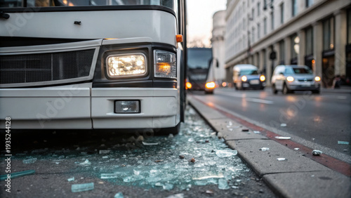 Urban bus transportation double decker accident scene with broken glass on city street creating tense atmosphere