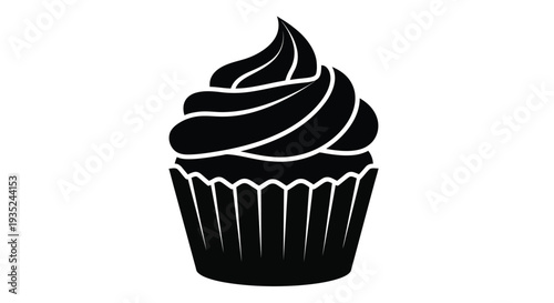 A black silhouette of a single frosted cupcake with a decorative wrapper