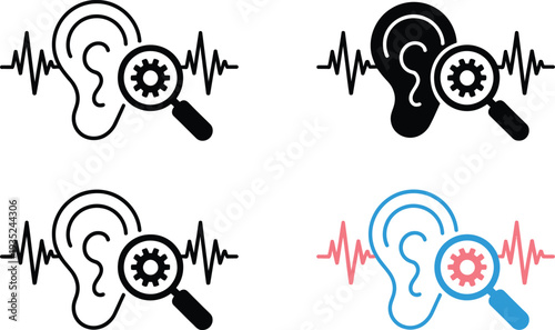 Depicting ear examination with sound waves and magnifying glass