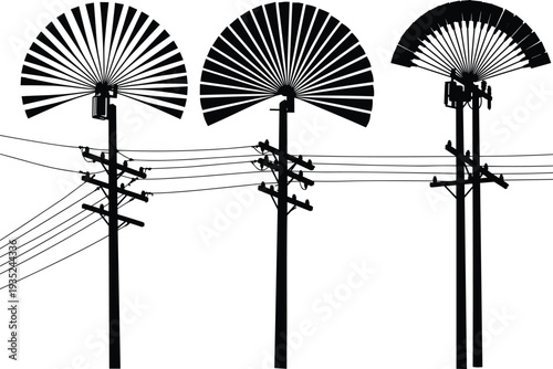 Silhouette utility poles with abstract fan patterns, artistic electricity illustration, urban infrastructure, energy grid, overhead wires, black and white design