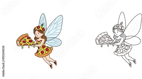 Whimsical Pizza Fairy Delivering a Slice - Fantasy Food Vector Illustration